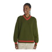 Grøn V-hals Sweater med Kontrastkant