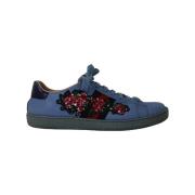 Blå Læder Sneakers med Blomster Paljetter