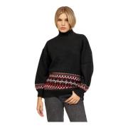 Sort Geometrisk Sweater med Høj Hals