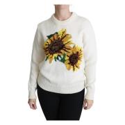 Hvid Floral Uld Pullover Solsikke Sweater
