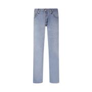 Højtaljede Straight-Fit Jeans i Blå Denim med Slidte Kanter