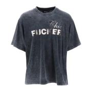 Oversized Boxy Fit T-shirt i Distressed Bomuld med Metallic Print