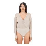 Beige Ribbed Lurex Bodysuit med Logo