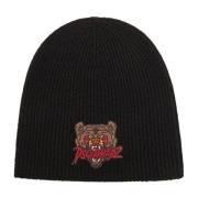 Sort Uld Ribstrikket Beanie Hat