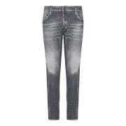 Slim-Fit Grå Used-Wash Denim Biker Jeans