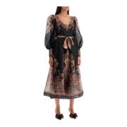 Paisley Print Linen Silk Midi Kjole