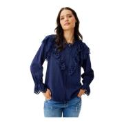 Navy Skjorte med Broderede Ruffle Detaljer