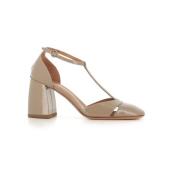 Beige Hæl T-Bar Læder Pumps