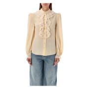 Creme Silke Ruffle Bluse