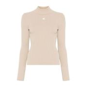 Beige Ribstrikket Sweater med Logo Patch