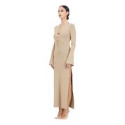 Beige Elegant Midi Kjole med Cut-Out Detalje