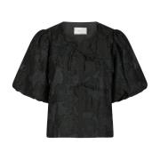 Jacquard Sort Bluse med Pufærmer