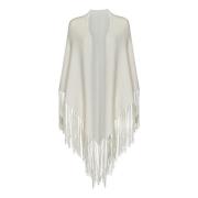 Hvid Cashmere Cape med Frynsede Kanter