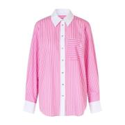 Pink Stripe Rhinestone Button Skjorte