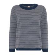 Blå Jacquard O-Neck Pullover Bluse