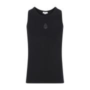 Sort Ribbet Bomuld Tank Top med Vendt Skull Broderi