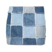 Blå Denim Patchwork Nederdel med Frynser