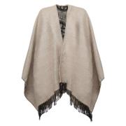 Vendbar Beige Jacquard Cape med Frynser