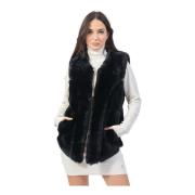 Sort ærmeløs faux fur jakke