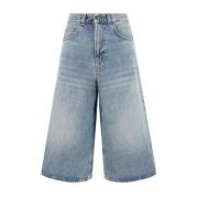 Denim Baggy Shorts med Læder Patch