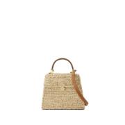 Beige Raffia Crossbody Taske med Magnetisk Lukning