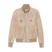 Beige Suede Bomberjakke med Lommer