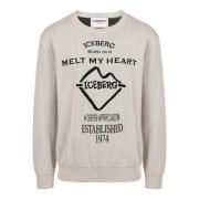 Isfarvet crewneck sweater i dobbelt jacquard bomuld med grafik