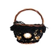 Beige Straw Snakeskin Pom Pom Crystal AGNESE Taske