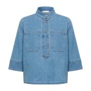 Denim Bluse med ¾ Ærmer og Lommer