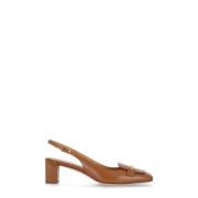 Brun læder slingback med metal detalje