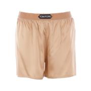 Beige Silke Stretch Shorts med Fløjl Linning