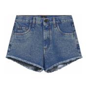 Blå High-Waisted Shorts med Frynsekant