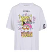 Hvid bomulds T-shirt med blanding af tryk og Spongebob lapper