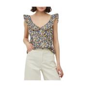 Sort Blomstret V-Neck Bluse