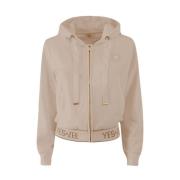 Beige Zip Hooded Cotton Sweater