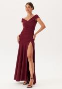 Goddiva Bardot Pleat Maxi Split Dress Wine-red XS (UK8)