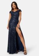 Goddiva Sequin Bardot Pleat Maxi With Split Navy S (UK10)