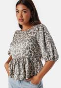 BUBBLEROOM Round Neck Puff Sleeve Blouse  Leopard L