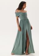 Goddiva Bardot Rouched Maxi Split Dress Dark Sage S (UK10)