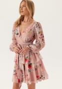Goddiva Floral Long Sleeve Tiered Skater Dress Peach Floral XXS (UK6)