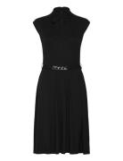 Belted Interlock Tie-Neck Dress Knælang Kjole Black Lauren Ralph Laure...