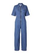 Slfbella 2/4 Marine Blue Denim Jumpsuit Bottoms Jumpsuits Blue Selecte...