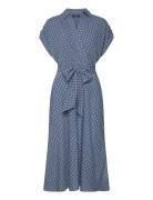 Polka-Dot Belted Crepe Dress Knælang Kjole Blue Lauren Ralph Lauren