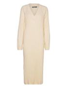 V-Neck Knitted Dress Knælang Kjole Cream Gina Tricot