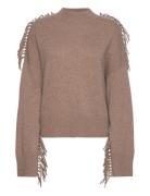 Boxy O-Neck Sweater Fringes Tops Knitwear Jumpers Beige Davida Cashmer...