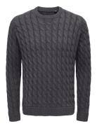 Onskicker Life Reg 3 Cable Crew Knit Tops Knitwear Round Necks Grey ON...