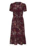 Floral Jersey Surplice Puff-Sleeve Dress Knælang Kjole Burgundy Lauren...