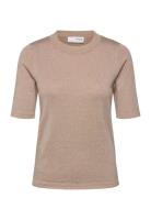 Slflura Lurex 2/4 Knit O-Neck Tops Shirts Short-sleeved Beige Selected...