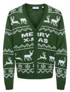 Onsxmas Reg 5 Allover Card Knit Tops Knitwear Cardigans Green ONLY & S...