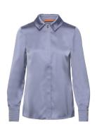 Collared Fitted Shirt, 2261 Satin Designers Blouses Long-sleeved Blue ...